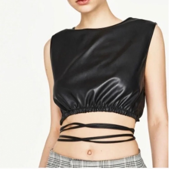 Zara Faux Leather Grunge Crop Top With Wrap Ties - Picture 1 of 4
